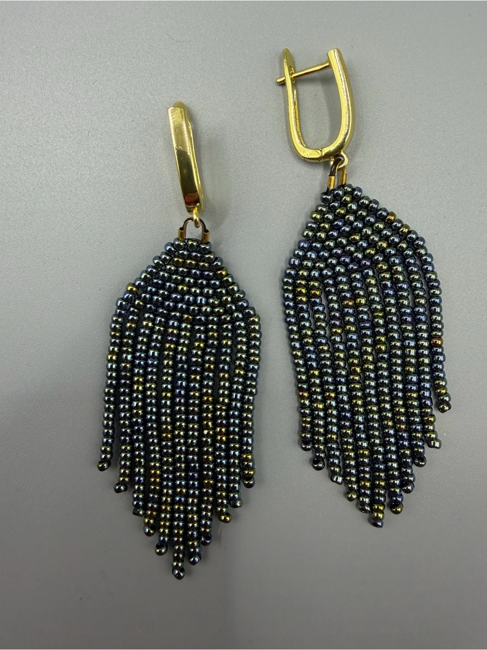 Gold Tassel Hoop Earrings with Hematite Beaded Fringe